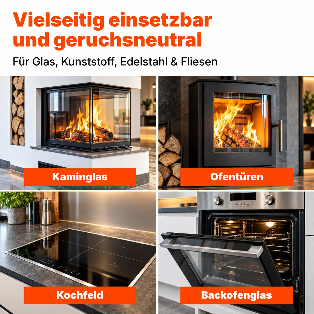 Kaminscheibenreiniger Anwendungsbereiche Kaminscheibe Ofenglas Kochfeld Backofenglas